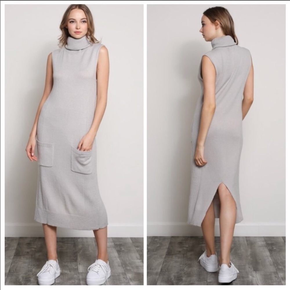 Gray Turtleneck Knit Maxi Dress
